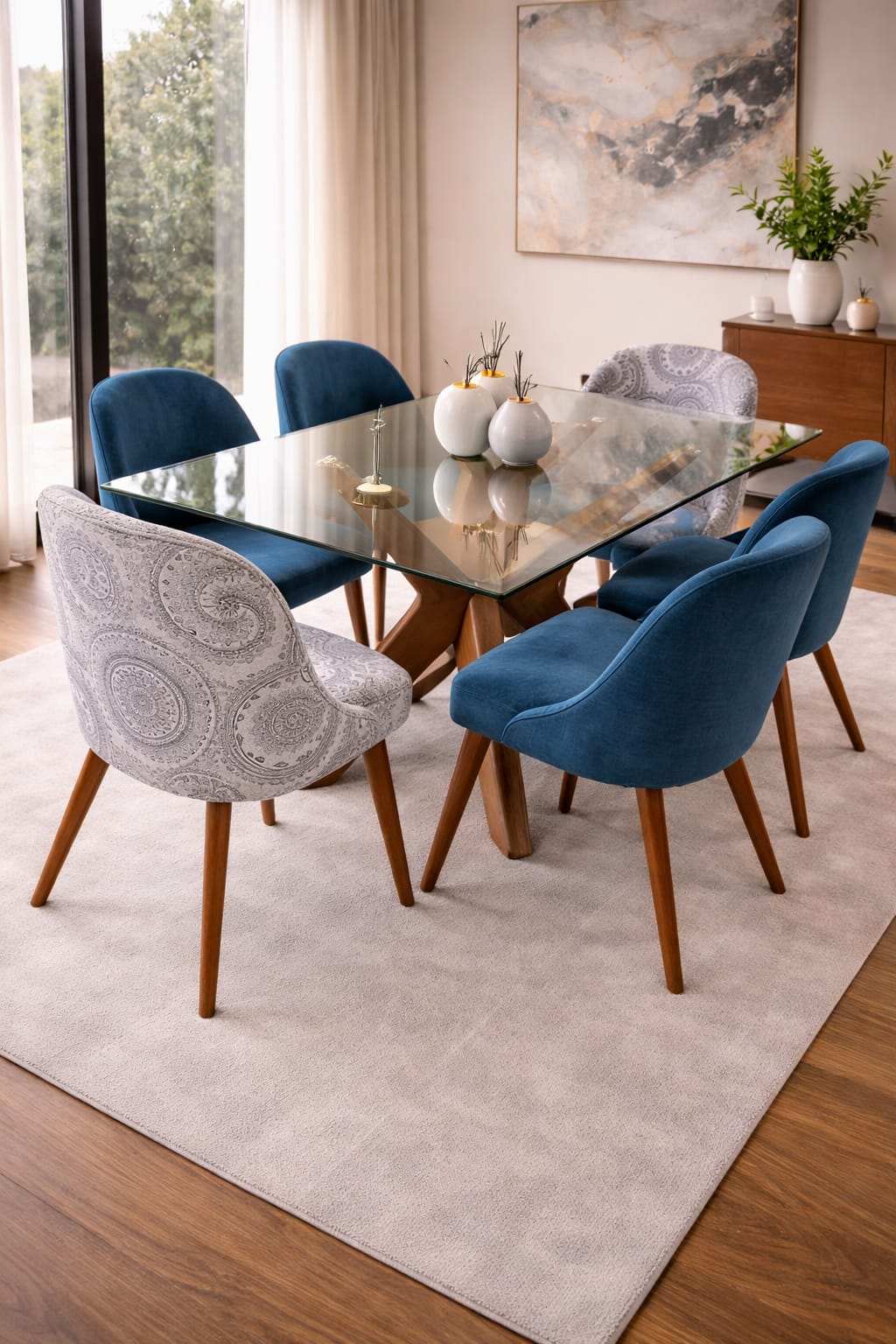 Comedor Firenze con tablero de vidrio de 10 líneas, base de madera en diseño asterisco y seis sillas vintage tapizadas.