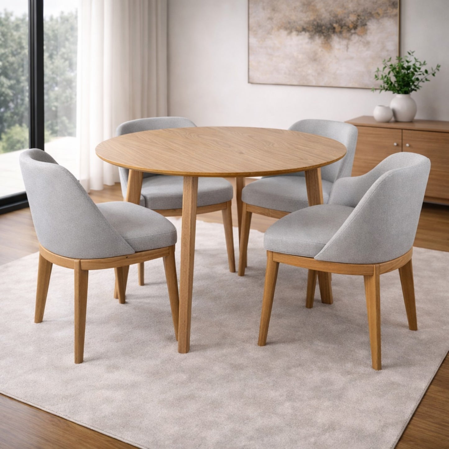 Comedor Amalfi redondo de madera tornillo con sillas tapizadas y zócalo de madera.