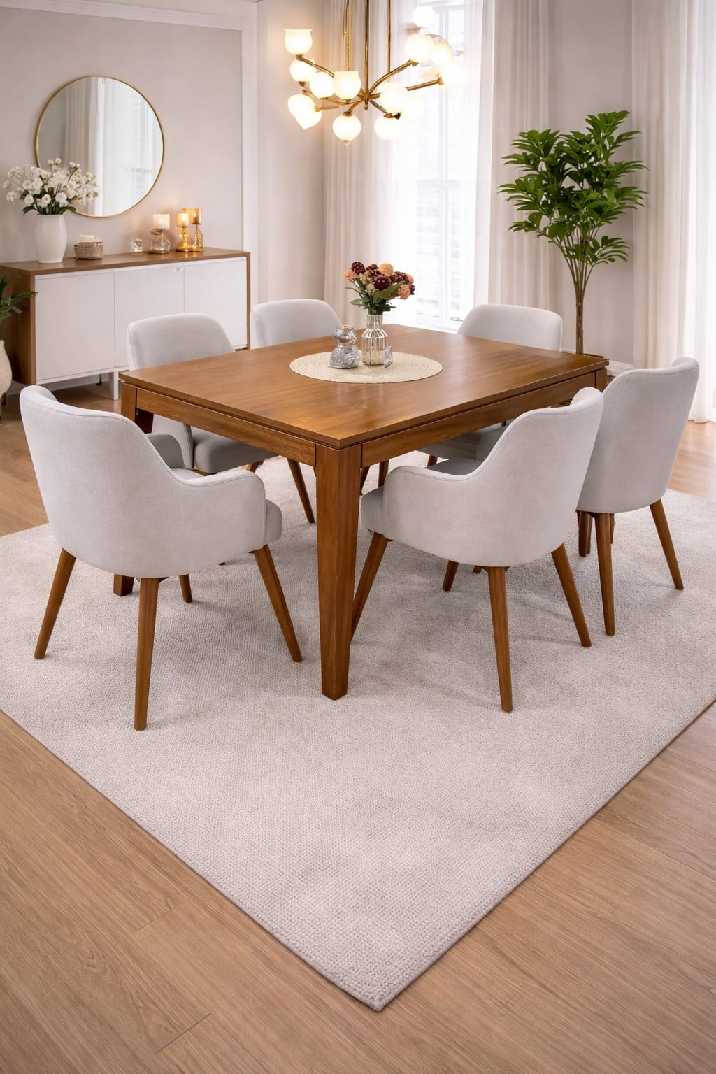 Comedor moderno rectangular de 6 sillas con mesa de madera tornillo y tablero laminado de 1.60 m, diseño elegante para comedor.