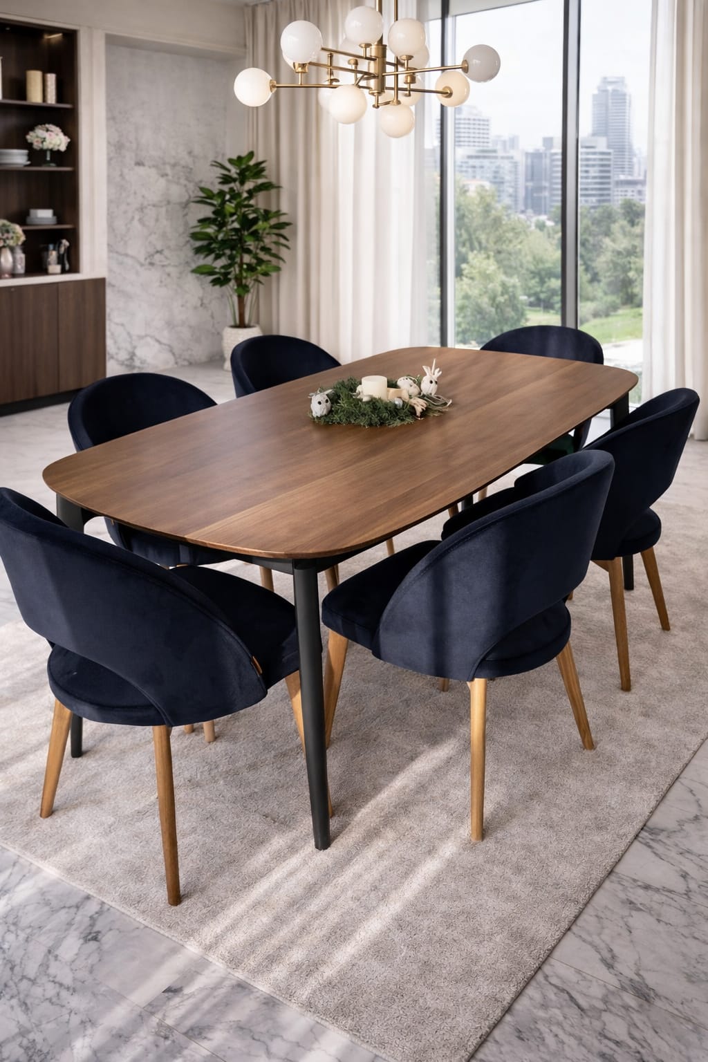 Comedor Valeri de 6 puestos con mesa de tablero laminado y estructura en madera tornillo con sillas modernas tapizadas