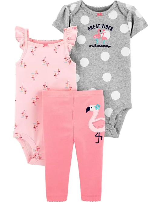 Conjunto de 3 piezas "Pequeños Flamingos". Talla 6M