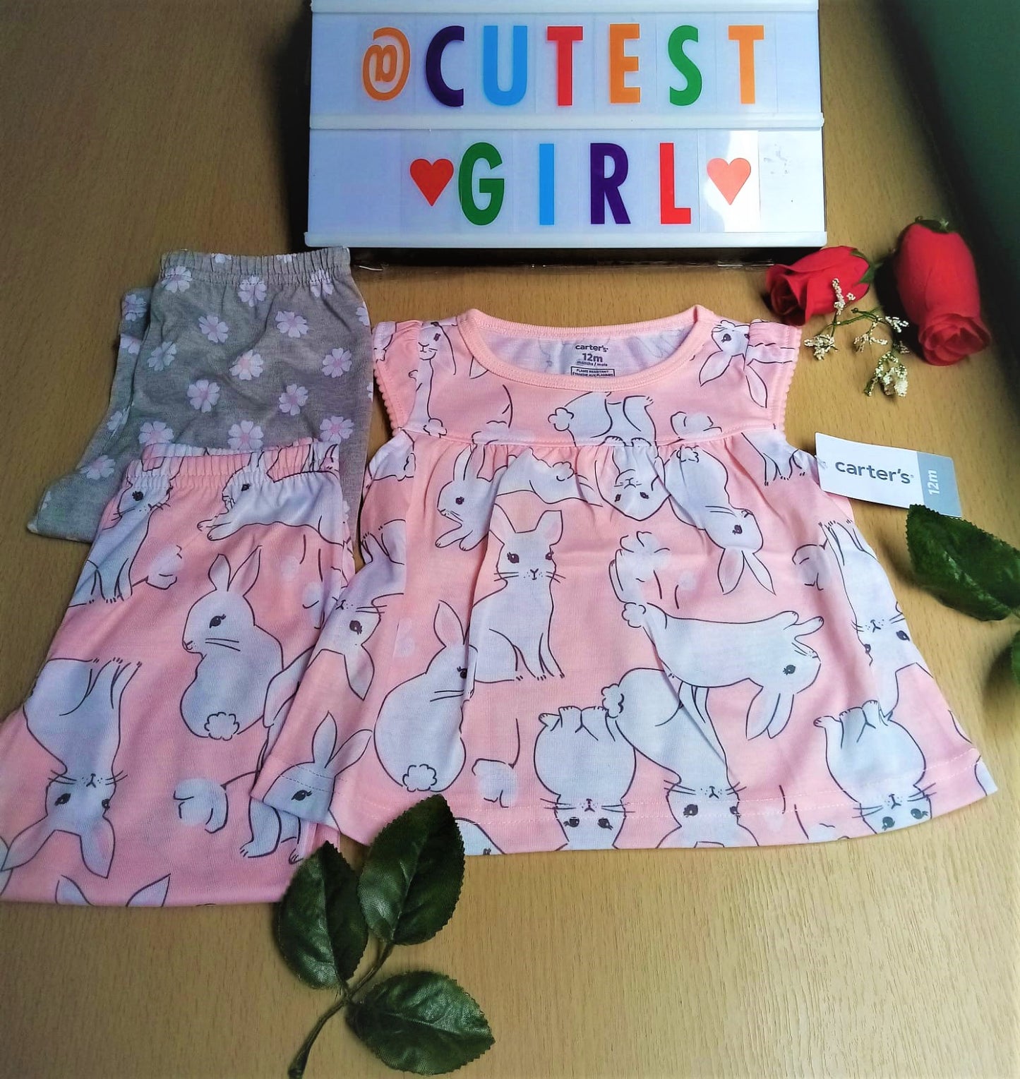 Pijama holgada de conejito, 3 piezas, Tallas 12M, 24M.