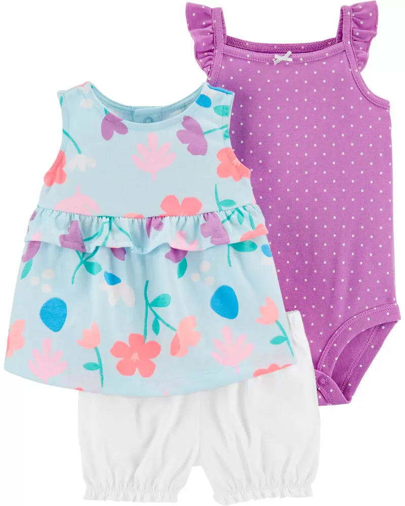 Conjunto de pantalón corto floral de 3 piezas, Talla 12M.