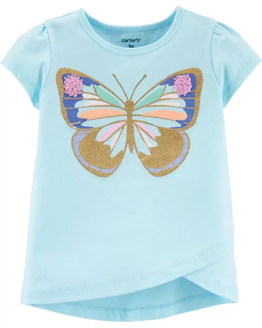 Camiseta de jersey de tulipán con mariposa brillante, Talla 3T.