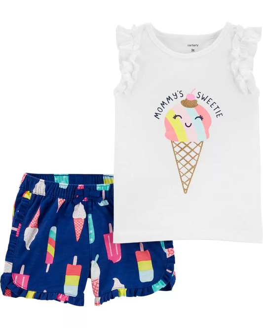 Juego de camiseta y falda pantalón "Ice Cream"de 2 piezas, Talla 6M.