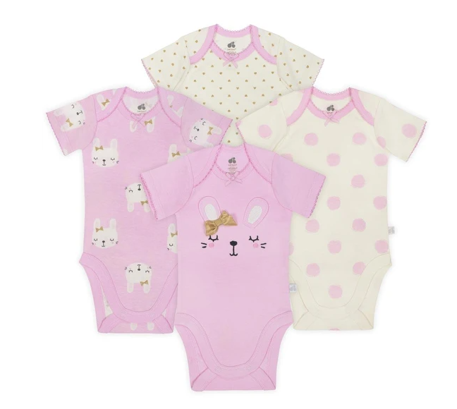 Pack de 4 bodies orgánicos manga corta diseño "Bunny", Talla 6M