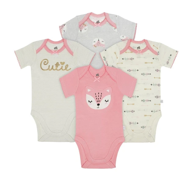 Pack de 4 Bodies orgánicos de manga corta con diseño de zorro, Tallas 3M y 6M