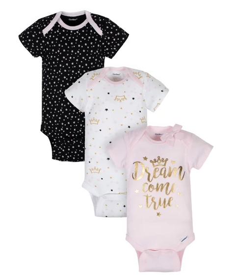 Paquete de 3 bodies de manga corta con diseño de princesa, Talla 3M y 12M