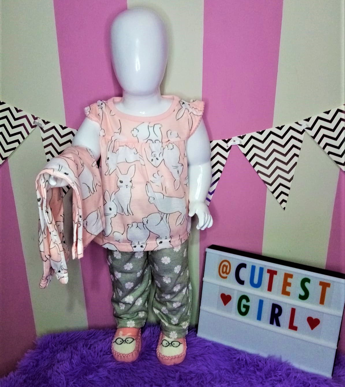 Pijama holgada de conejito, 3 piezas, Tallas 12M, 24M.