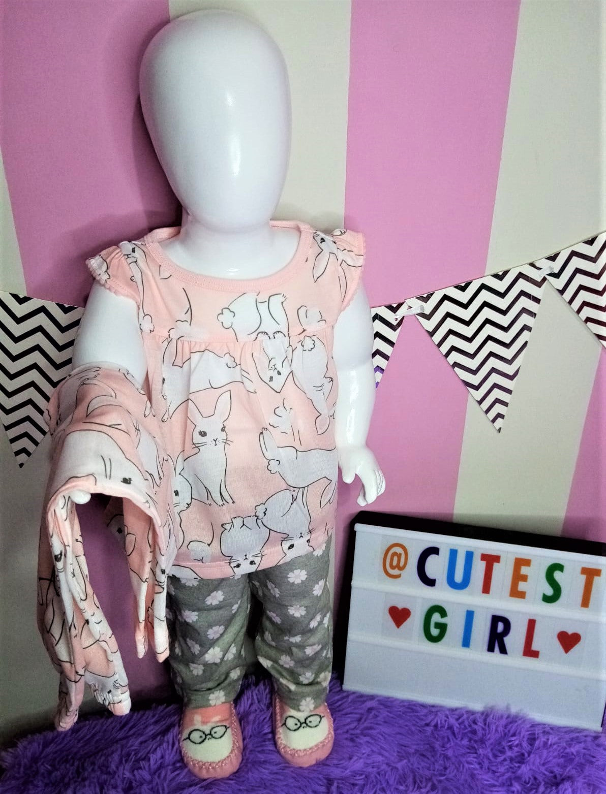 Pijama holgada de conejito, 3 piezas, Tallas 12M, 24M.