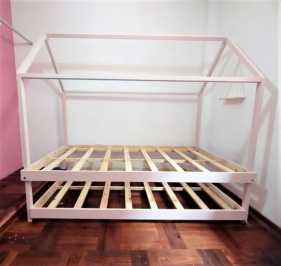 Cama Casa Montessori Gemelar Partner con Cama Auxiliar | Plaza, Plaza y Media y Dos Plazas