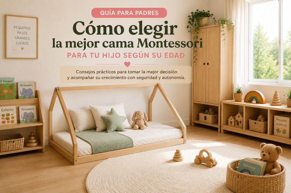 Cama Montessori de madera en una habitación infantil diseñada para acompañar el crecimiento del niño.
