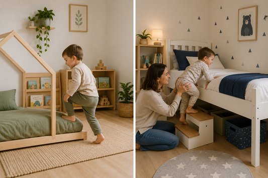 Padres comparando una cama Montessori y una cama infantil tradicional antes de tomar una decisión