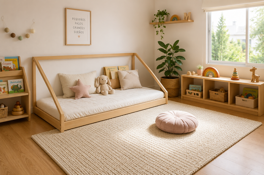 Habitación Montessori organizada con muebles infantiles de madera y luz natural.