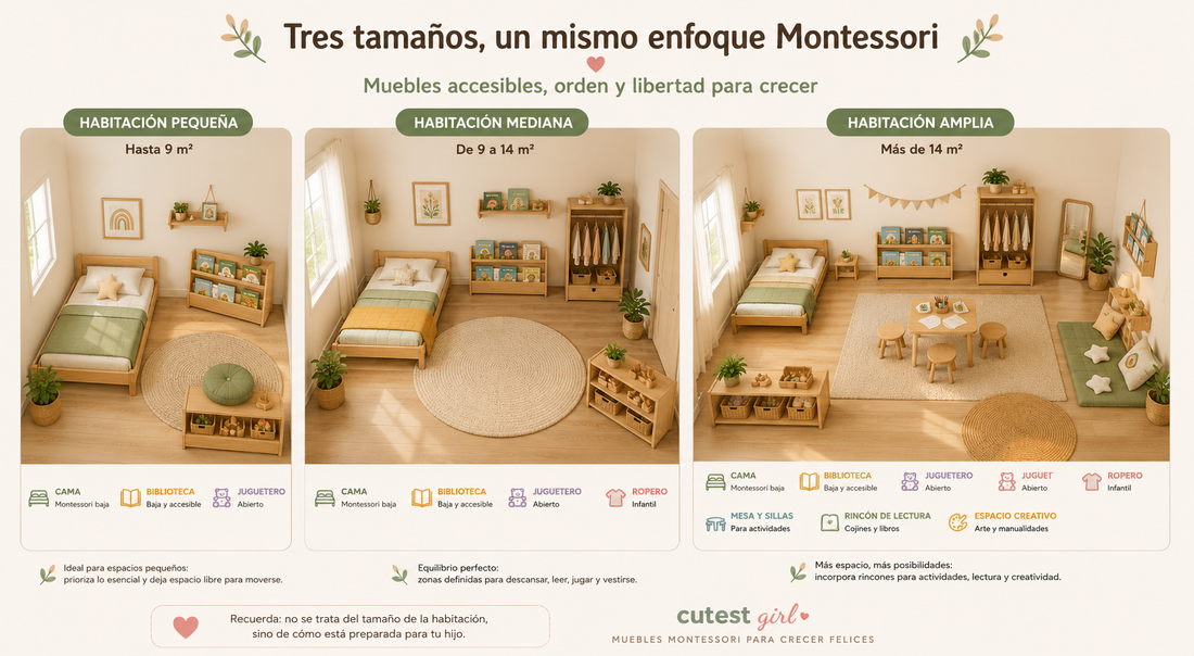 Comparación de una habitación Montessori pequeña, mediana y grande con diferentes distribuciones de muebles