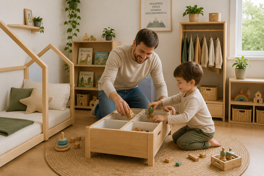 Habitación Montessori con juguetero organizado que favorece el juego independiente.