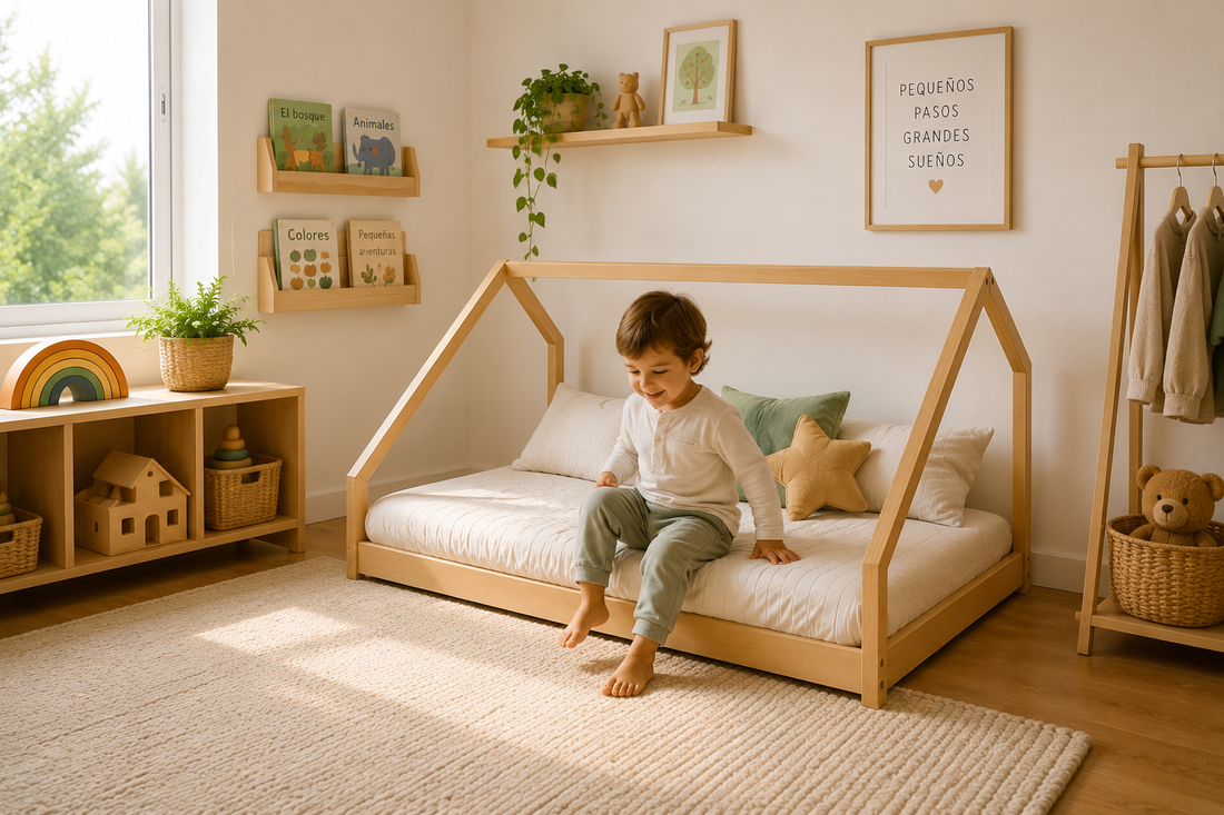 Niño bajando solo de una cama Montessori durante la transición desde la cuna