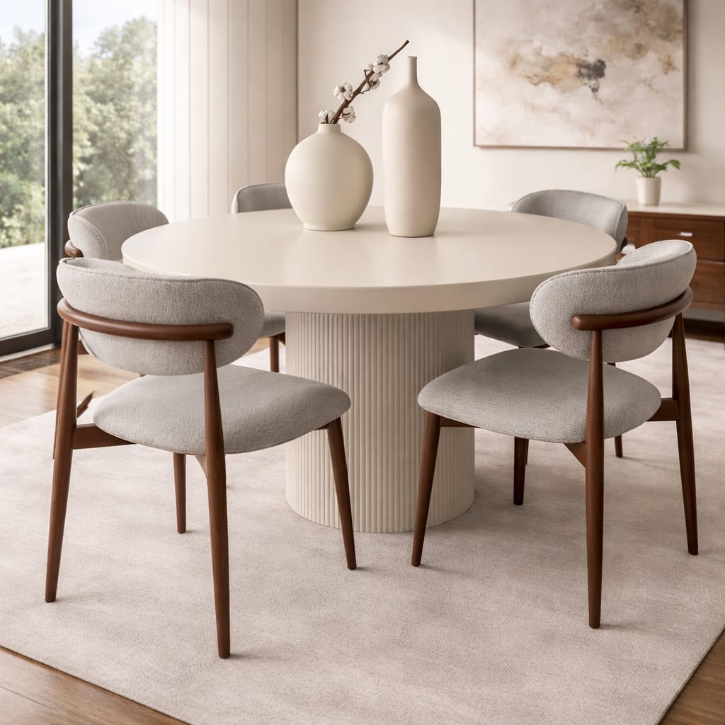 Comedor Capri redondo con base ranurada, tablero engrosado y cuatro sillas copeta tapizadas.