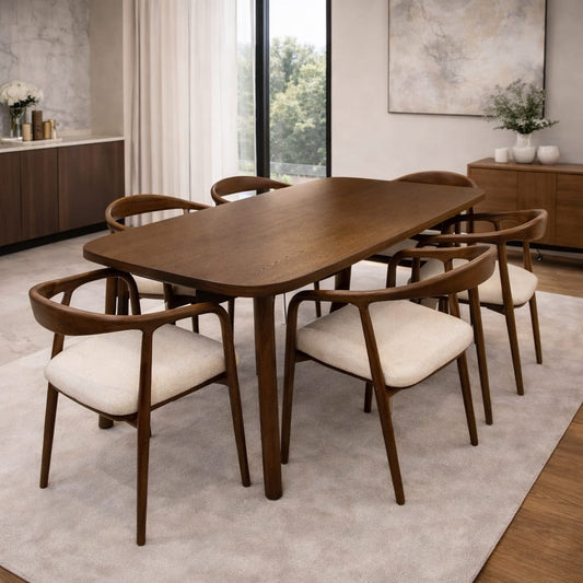 Comedor Lucca de madera tornillo con seis sillas de madera y asiento tapizado en estilo moderno.