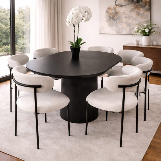 Comedor Monaco moderno con tablero engrosado y seis sillas tapizadas con base de fierro pintado al horno.