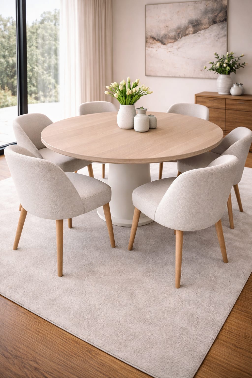 Comedor Bellagio redondo de 1.30 m con tablero de madera laminada, base de fierro y sillas vintage tapizadas.