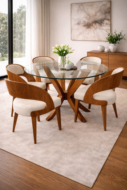 Comedor Palermo redondo con tablero de vidrio, base estrella en madera y sillas laminadas tapizadas.