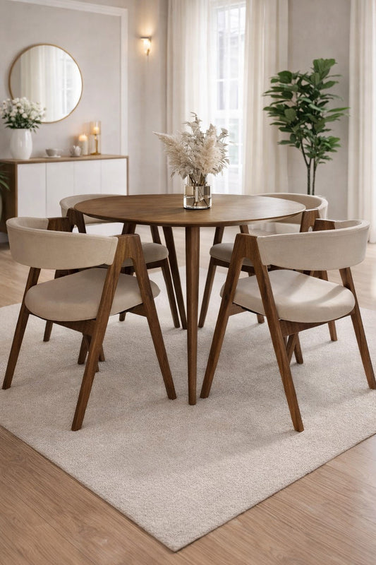 Comedor Genova redondo de madera tornillo con sillas diseño tijera tapizadas.