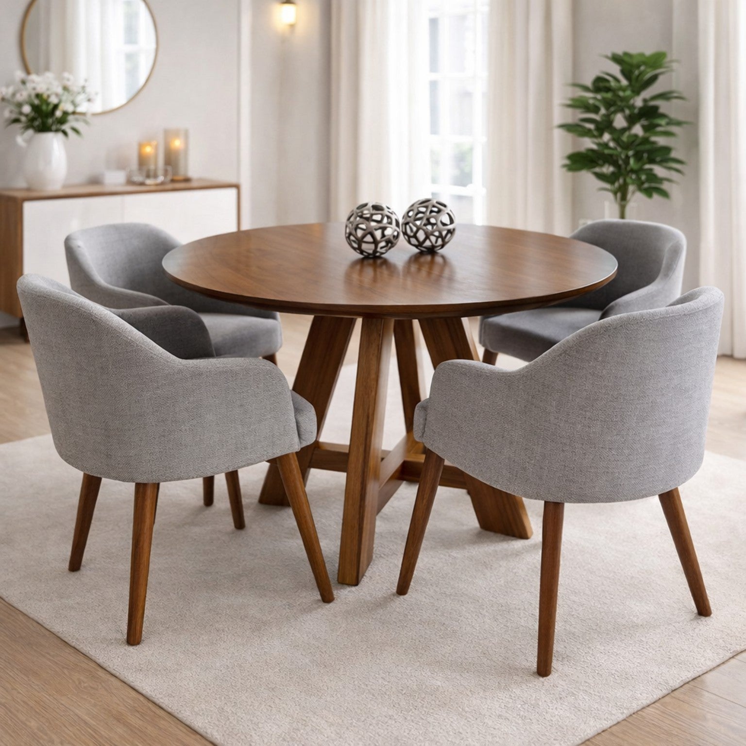 Comedor Brescia redondo de madera tornillo con sillas tipo butaca tapizadas.