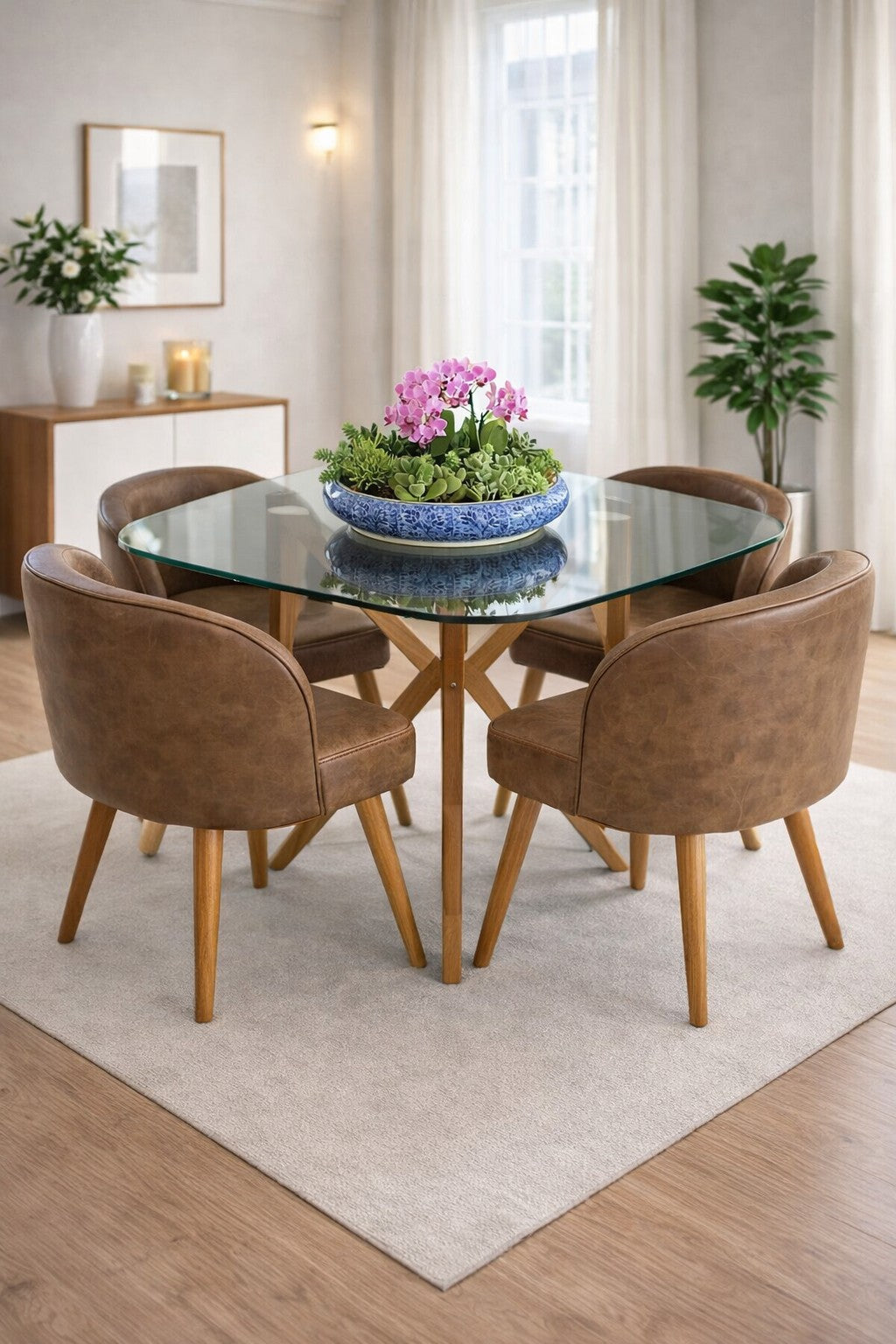 Comedor Salerno 90x90 con tablero de vidrio y base asterisco con sillas vintage compactas.