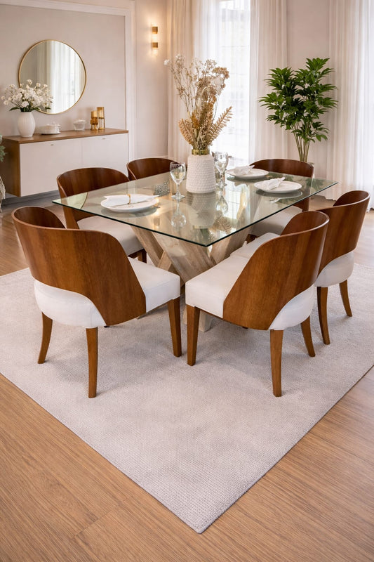 Comedor moderno de 6 puestos con mesa de vidrio templado y base diseño mármol con sillas de madera y asiento tapizado