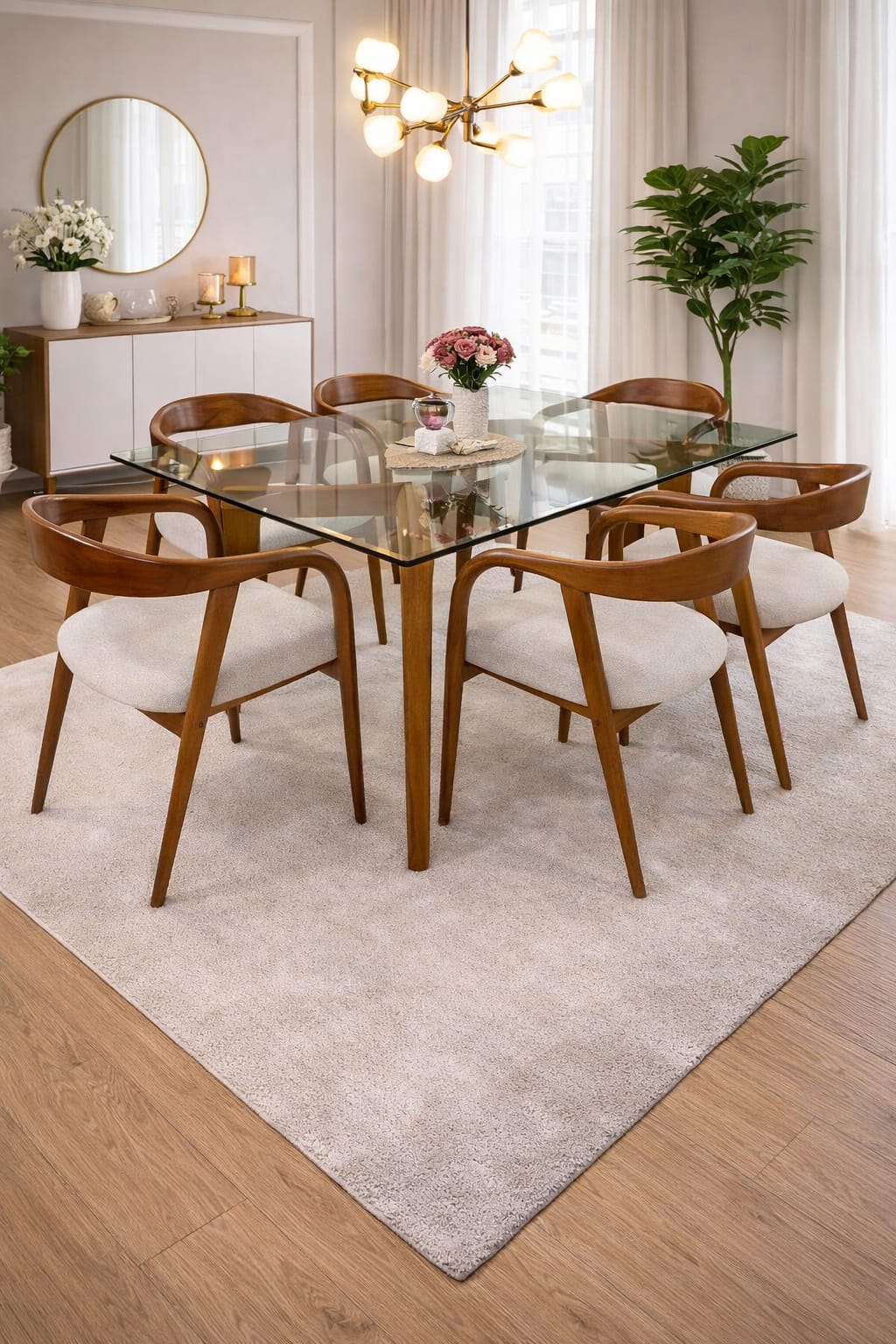 Comedor Aurelia de 6 puestos con mesa de vidrio templado y estructura en madera tornillo con sillas modernas de madera y asiento tapizado