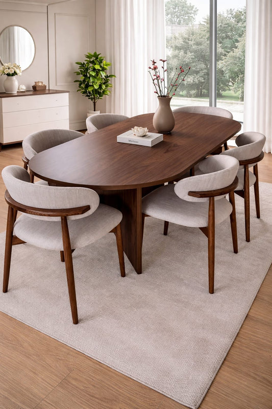 Comedor Camelia de 6 puestos con mesa de tablero laminado diseño copeta y base en Y con sillas tapizadas modernas