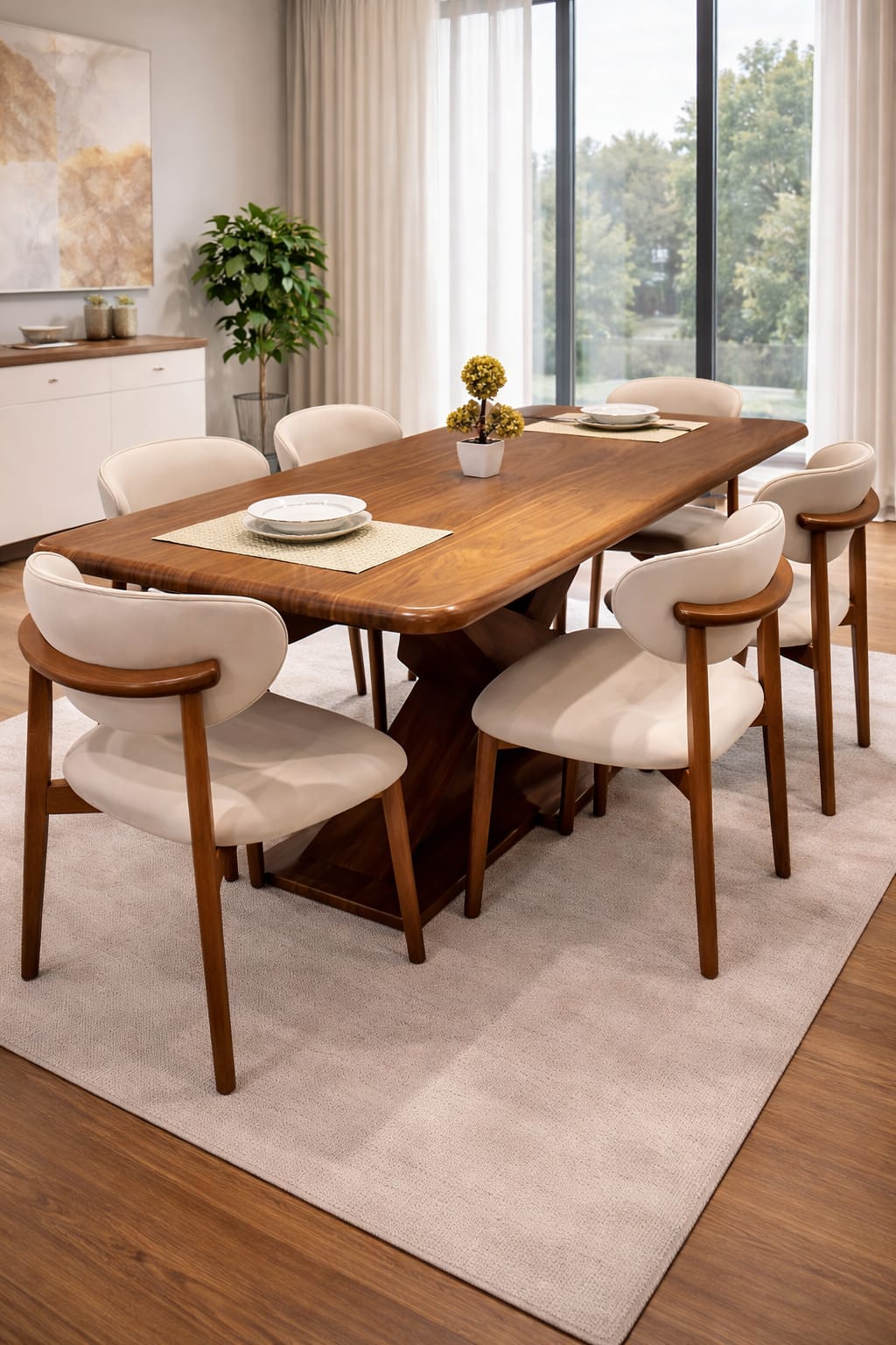 Comedor Astra de 6 puestos con mesa laminada 170x90 base asterisco y sillas tapizadas modernas