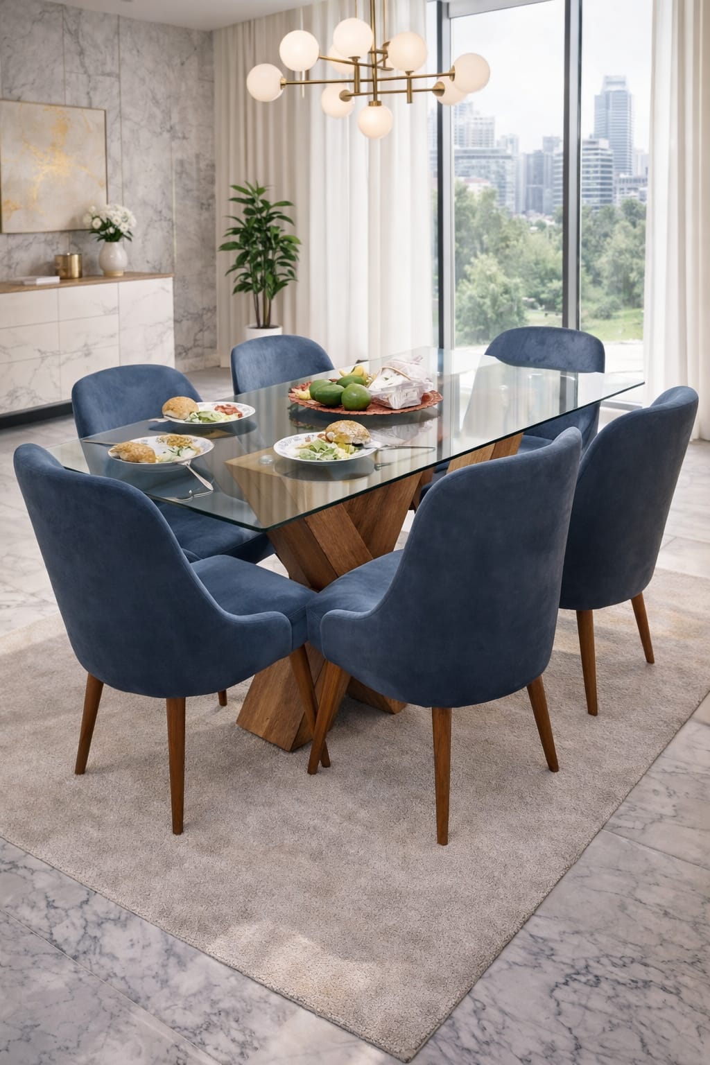 Comedor Siena con tablero de vidrio de 10 líneas, base de madera en W y seis sillas vintage tapizadas.