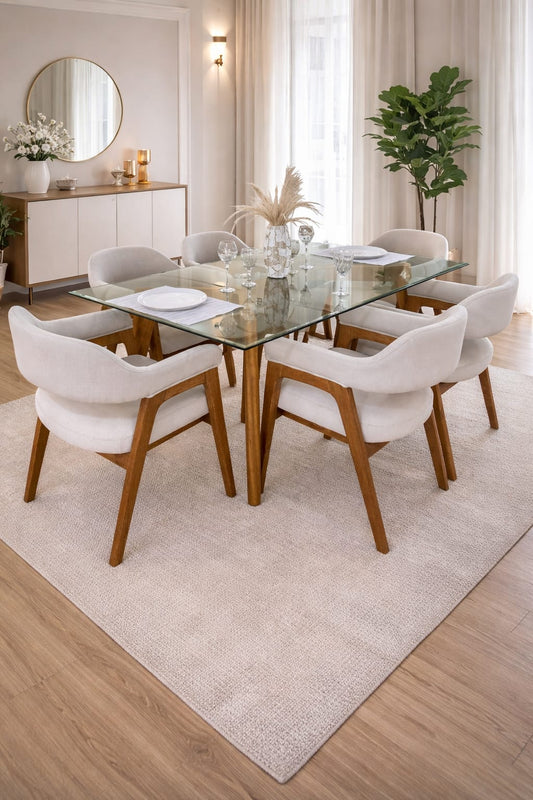 Comedor moderno de 6 sillas con mesa rectangular de vidrio y estructura de madera tornillo de 1.60 x 90 cm.