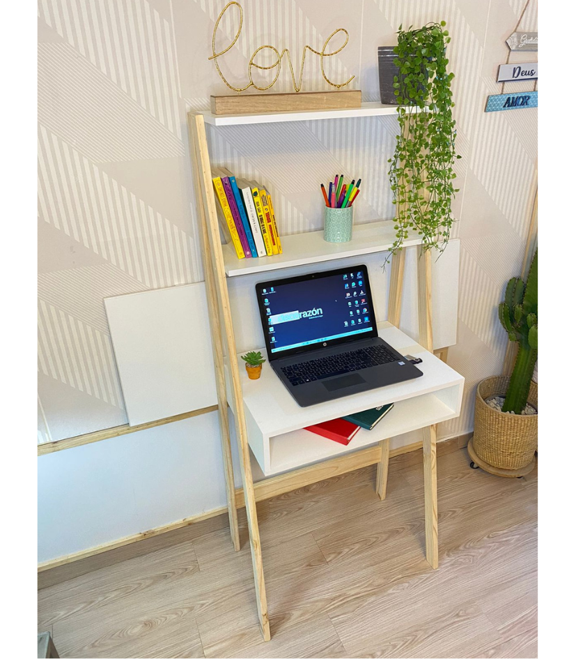 Escritorio multifuncional alto de madera con melamina y repisas para home office moderno