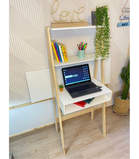 Escritorio multifuncional alto de madera con melamina y repisas para home office moderno