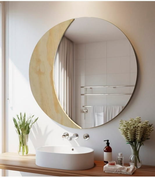 Espejo decorativo redondo con diseño media luna en madera pino fenólico estilo moderno