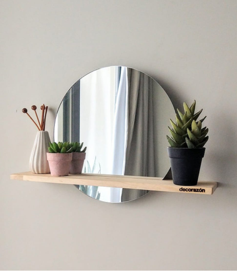 Espejo escandinavo redondo con repisa de madera de pino para pared en estilo minimalista