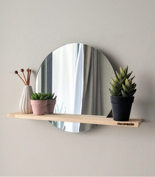 Espejo escandinavo redondo con repisa de madera de pino para pared en estilo minimalista