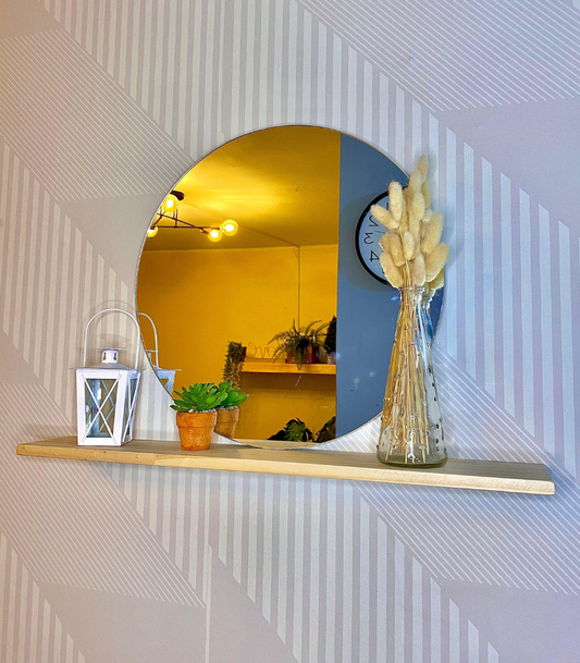 Espejo escandinavo redondo de 40 cm con repisa de madera de pino para pared estilo minimalista