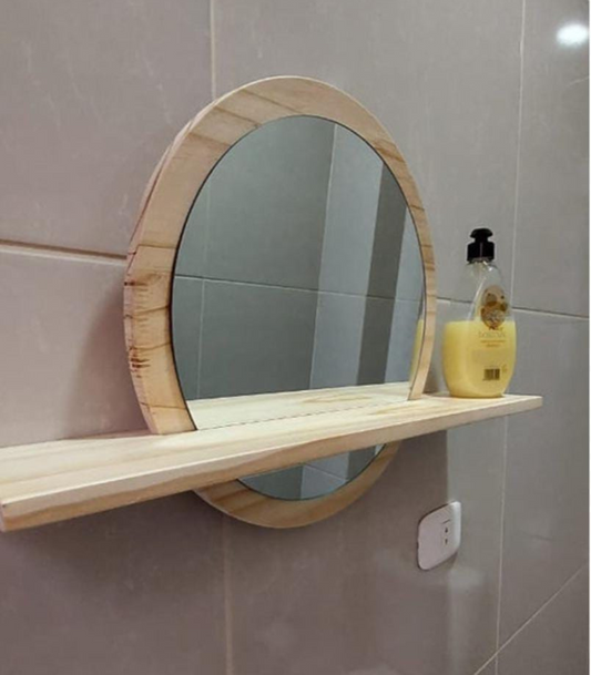 Espejo nórdico redondo con borde de madera y repisa de pino para pared estilo minimalista