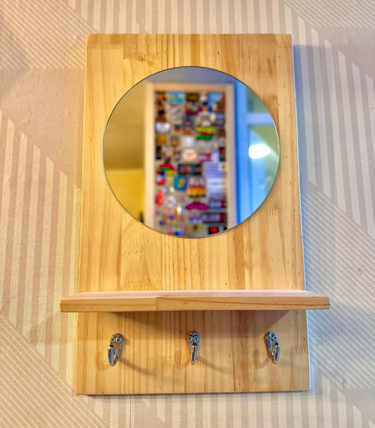 Espejo redondo de madera con repisas y porta llaves para entrada organizador de pared moderno