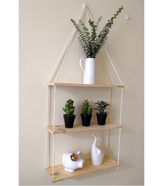 Estante colgante de madera de pino con soguilla crema para decorar paredes con plantas y objetos