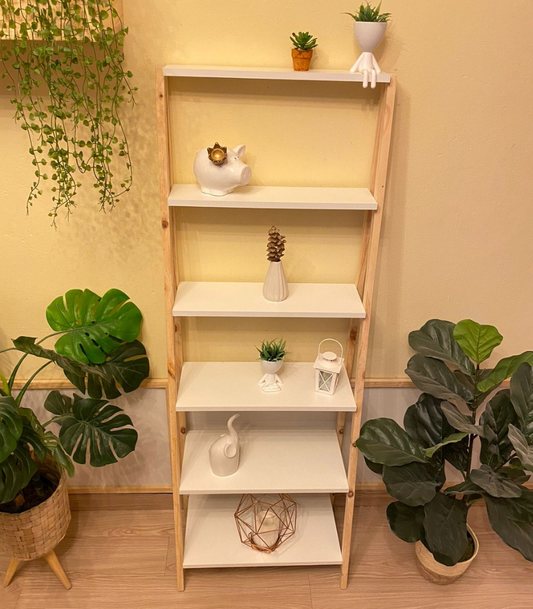 Estante escalera Elegant de madera de pino con repisas de melamina, diseño moderno para plantas y decoración