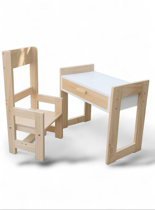 escritorio infantil evolutivo montessori con silla ajustable de madera pino y melamina para niños