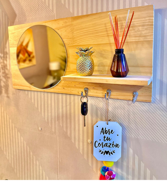 Espejo horizontal de madera con repisas y porta llaves modelo Camila para entrada
