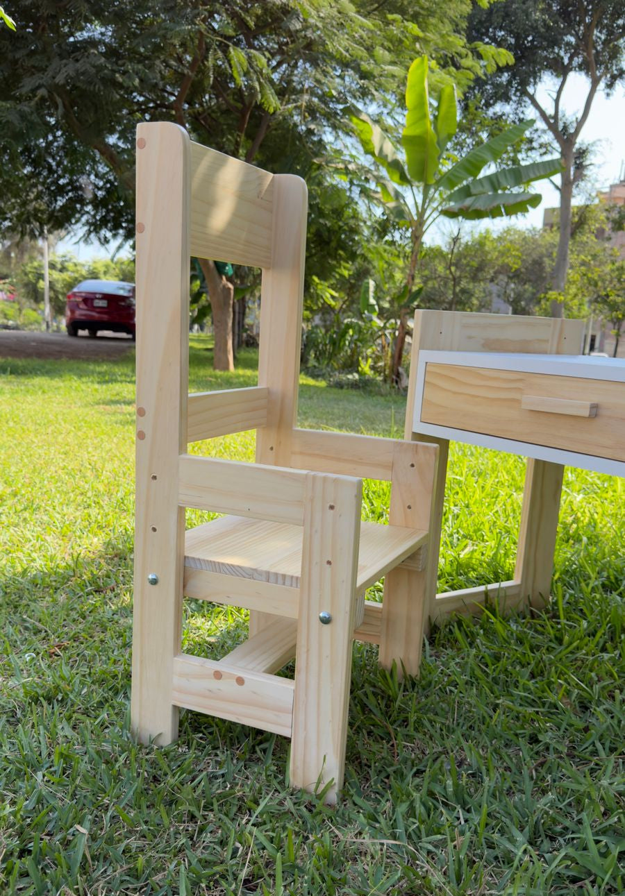 Escritorio Infantil Evolutivo Montessori con Silla – 3 Niveles de Altura | Madera Pino y Melamina