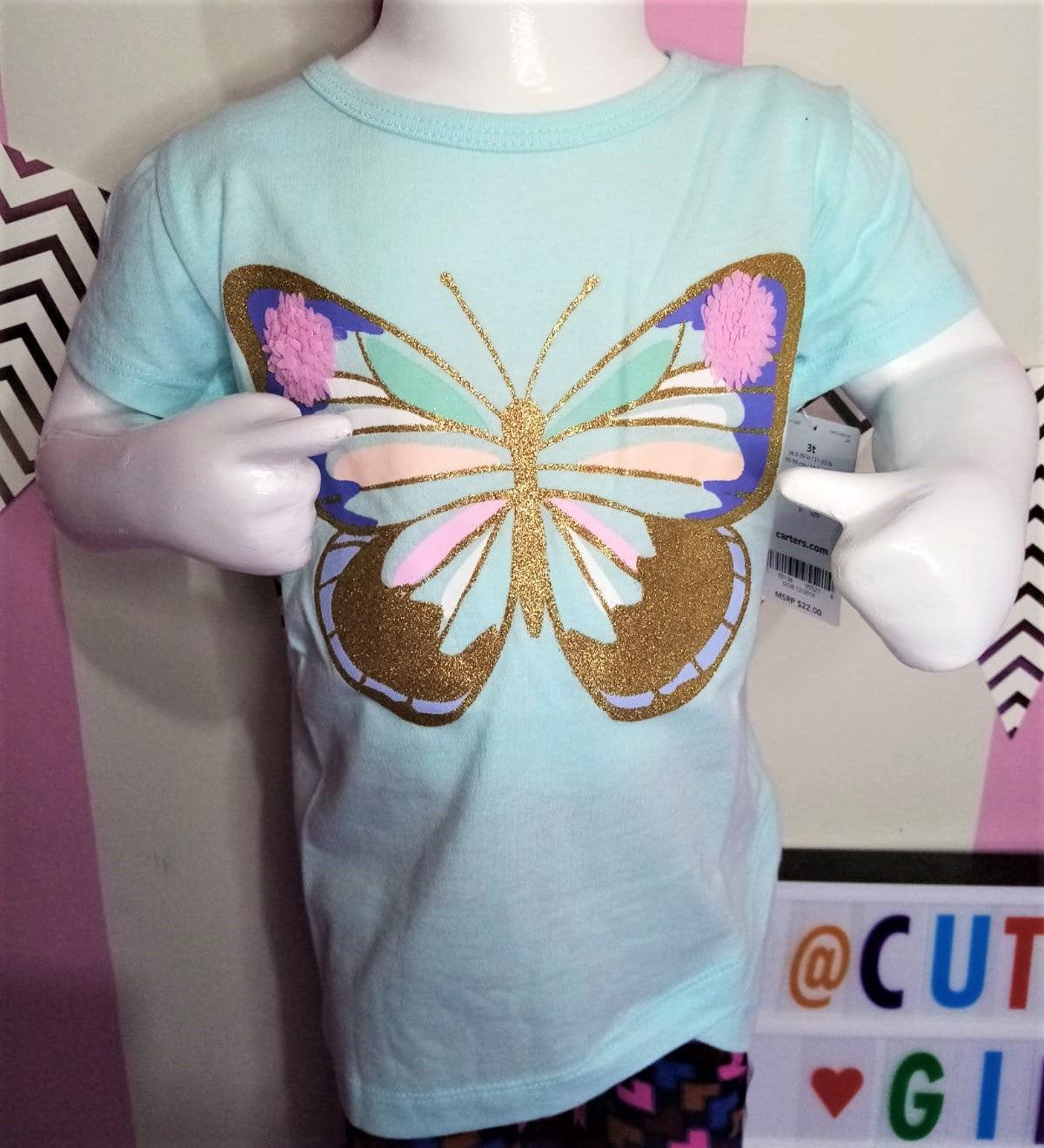 Camiseta de jersey de tulipán con mariposa brillante, Talla 3T.